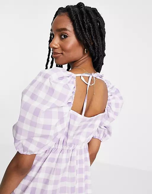 River Island gingham check shirred midi dress in purple | ASOS (Global)