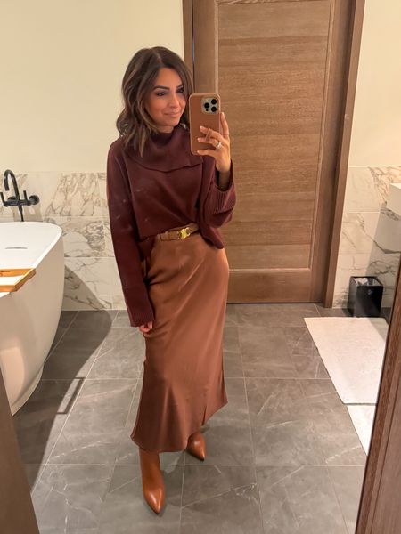 Wearing an xs in chocolate brown sweater and midi skirt, love this color combo 

#LTKstyletip