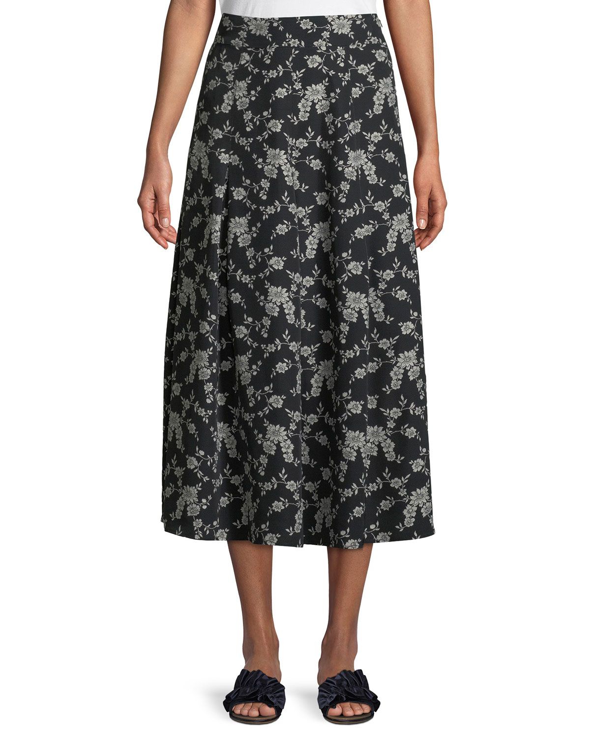 Floral-Print Gabardine Box-Pleat Midi Skirt | Neiman Marcus