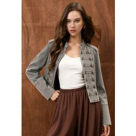 Open Front Crop Denim Napoleon Jacket in Grey for Street\u2011Style & Concert Outfits | Chicwish