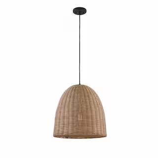 Highler 1-Light Matte Black Island Pendant with Natural Rattan Shade | The Home Depot