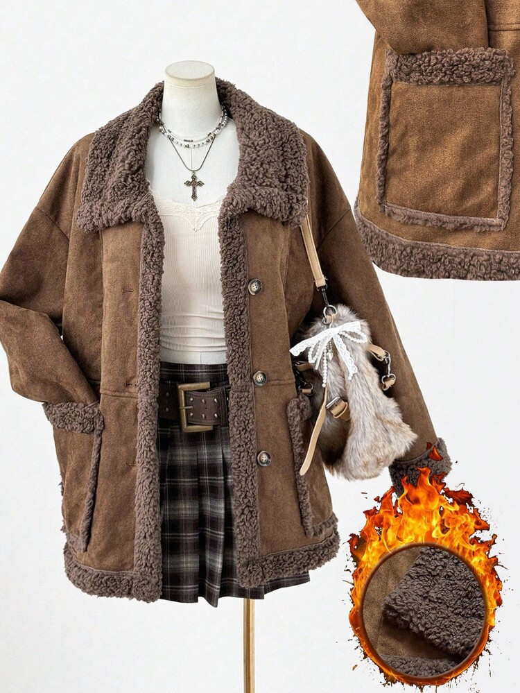 Sweetra Chaqueta Corta Reversible De Manga Larga Con Forro Térmico De Terciopelo Con Diseño De Ciervo Elegante Para Mujer De Talla Grande, Abrigo Grueso De Doble Cara Para Invierno, Otoño Y Temporada Fría | SHEIN