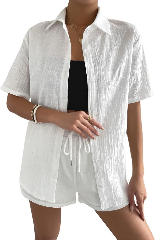 MakeMeChic Women's 2 Piece Outfits Casual Solid Short Sleeve Button Down Blouse and Short Set | Amazon (US)