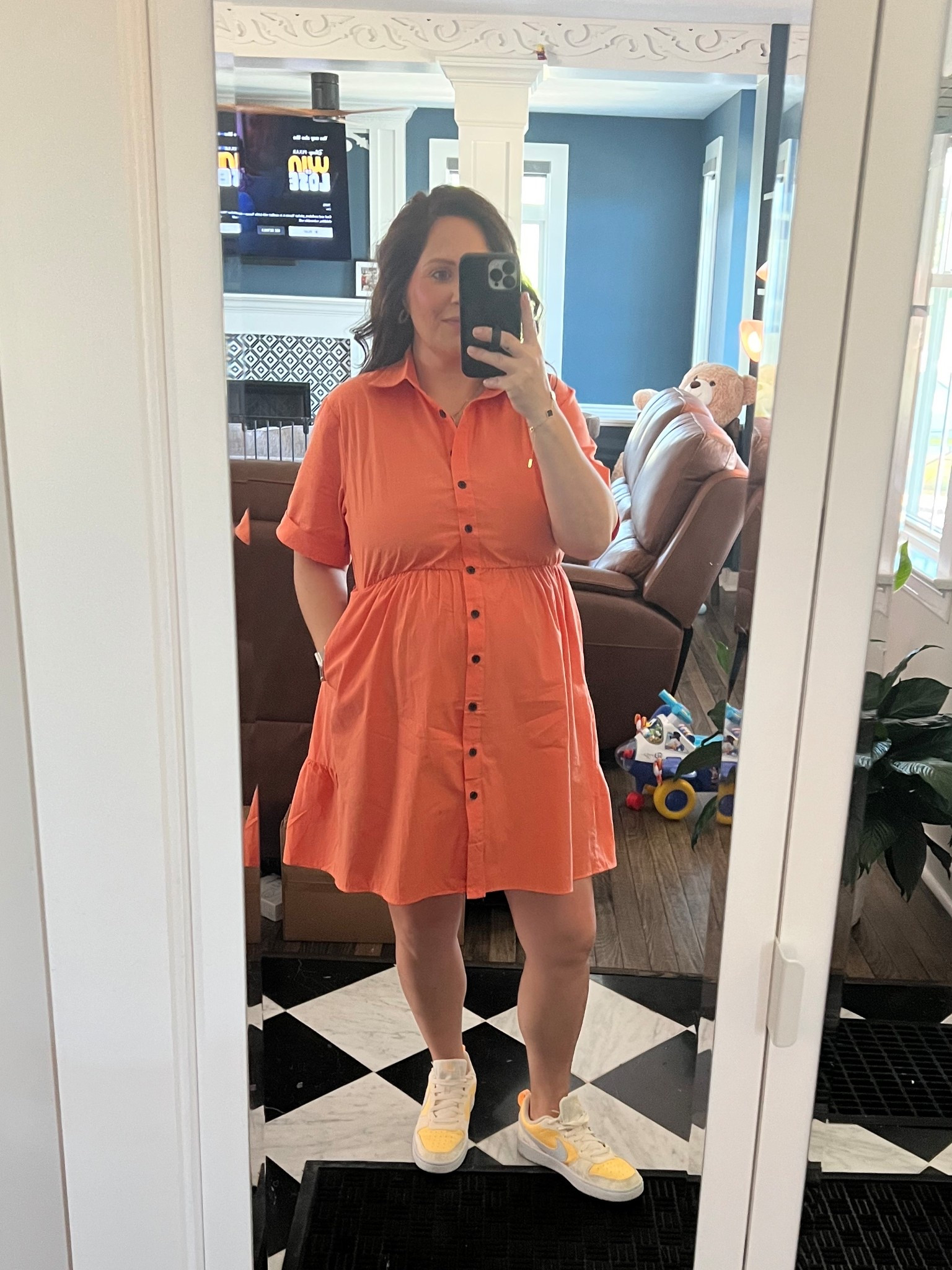 Another nonmaternity dress that works great with a third trimester bump. Wearing my true size. Functional buttons all the way down. Material is linen and a tad thin so I’d wear shapewear or nude undergarments. Elastic waistband and truly comfortable! 

#LTKBump #LTKBaby #LTKFindsUnder50