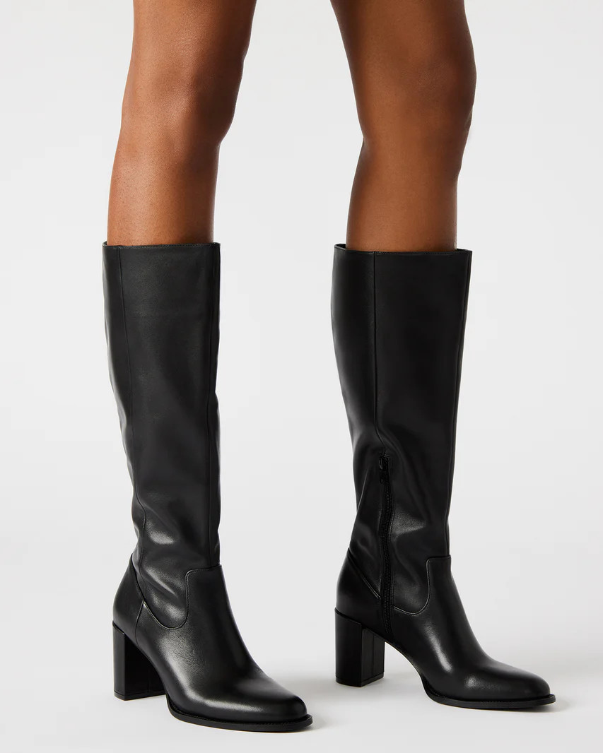 JOVANA Black Leather Knee-High Block Heel Boot | Women's Boots | Steve Madden (US)