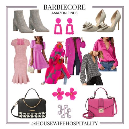 Shop Barbiecore Fall Fashion. Pink, pastel, houndstooth, black and white dresses, silk blouses, handbags, purses, statement earrings, outwear, wool coats, long coats, sparkle shoes, statement heels, workwear  

#LTKunder50 #LTKworkwear #LTKunder100