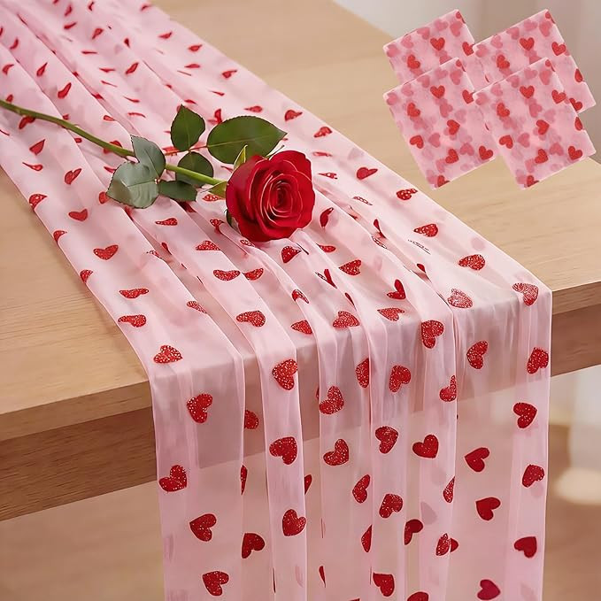 4 Pcs Valentines Day Table Runner 29 x 70 Inch Glitter Heart Tulle Table Runner Pink Sheer Lace T... | Amazon (US)