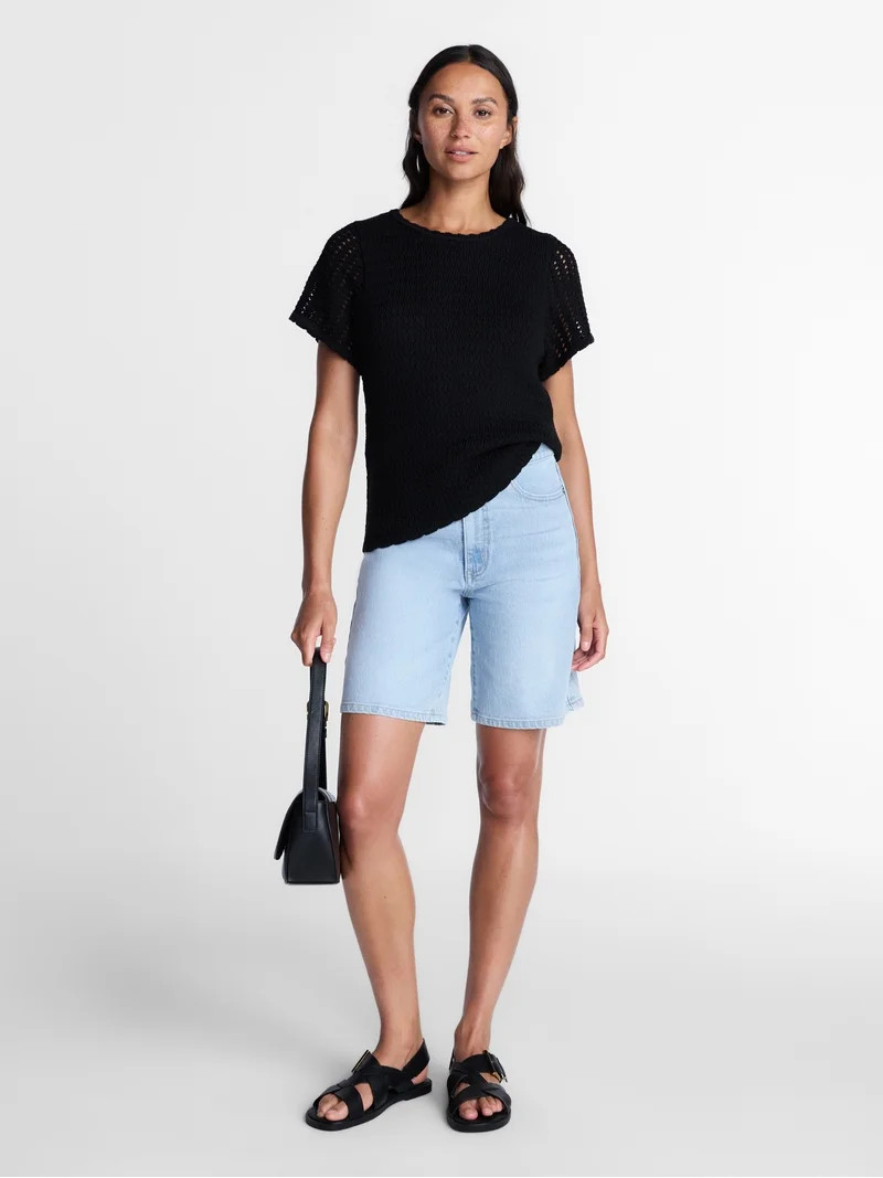 Time and Tru Women's Textured Crewneck Sweater with Short Sleeves, Lightweight, Sizes XS-XXXL | Walmart (US)
