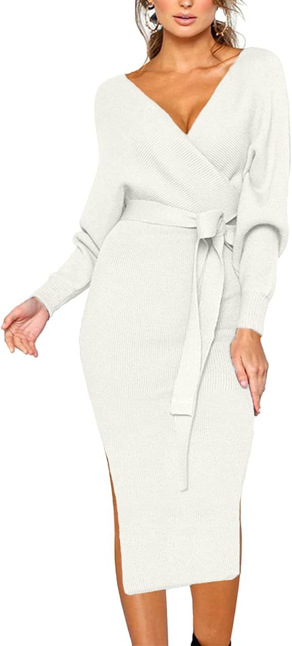 CHERFLY Women's V Neck Sweater Dresses Batwing Long Sleeve Backless Bodycon Dress with Belt | Amazon (US)