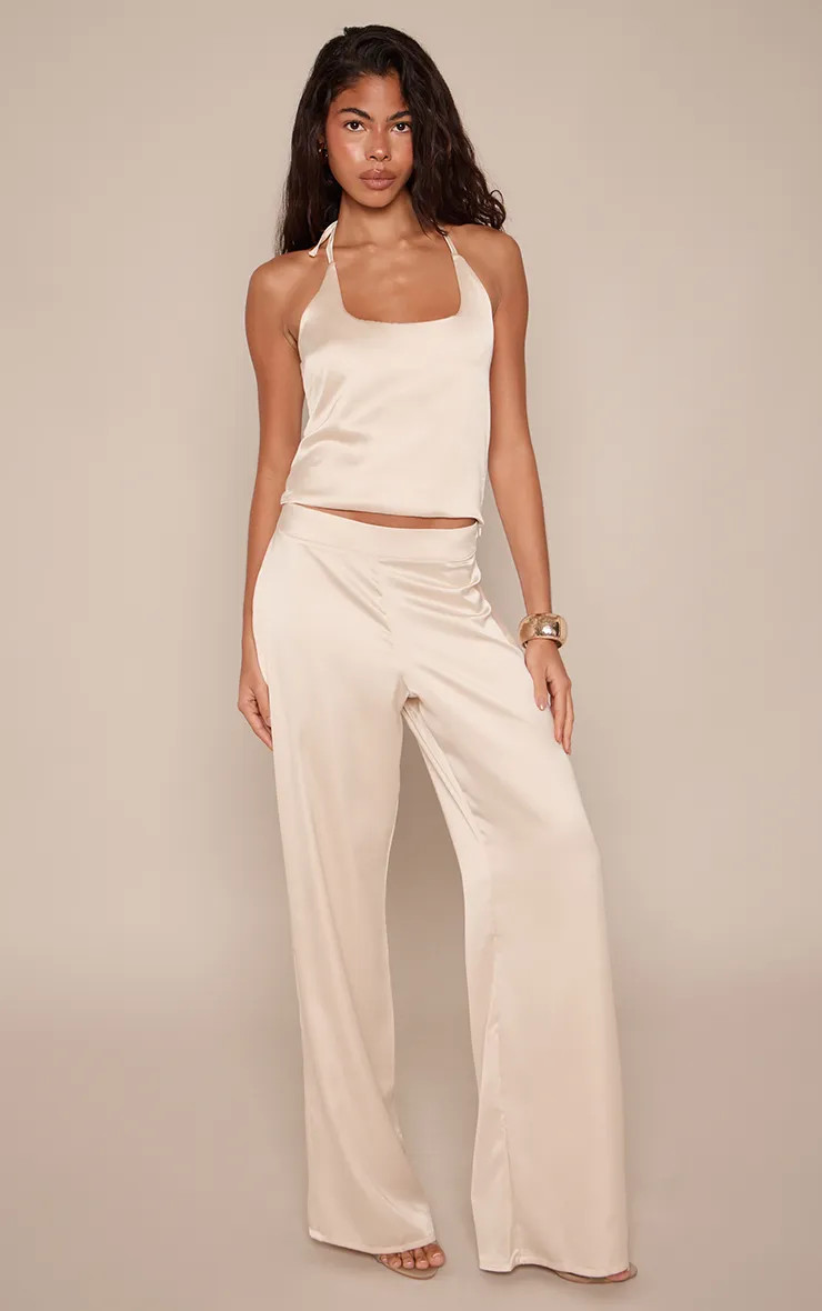 Champagne Satin Wide Leg Trousers Co-ord | PrettyLittleThing | PrettyLittleThing UK