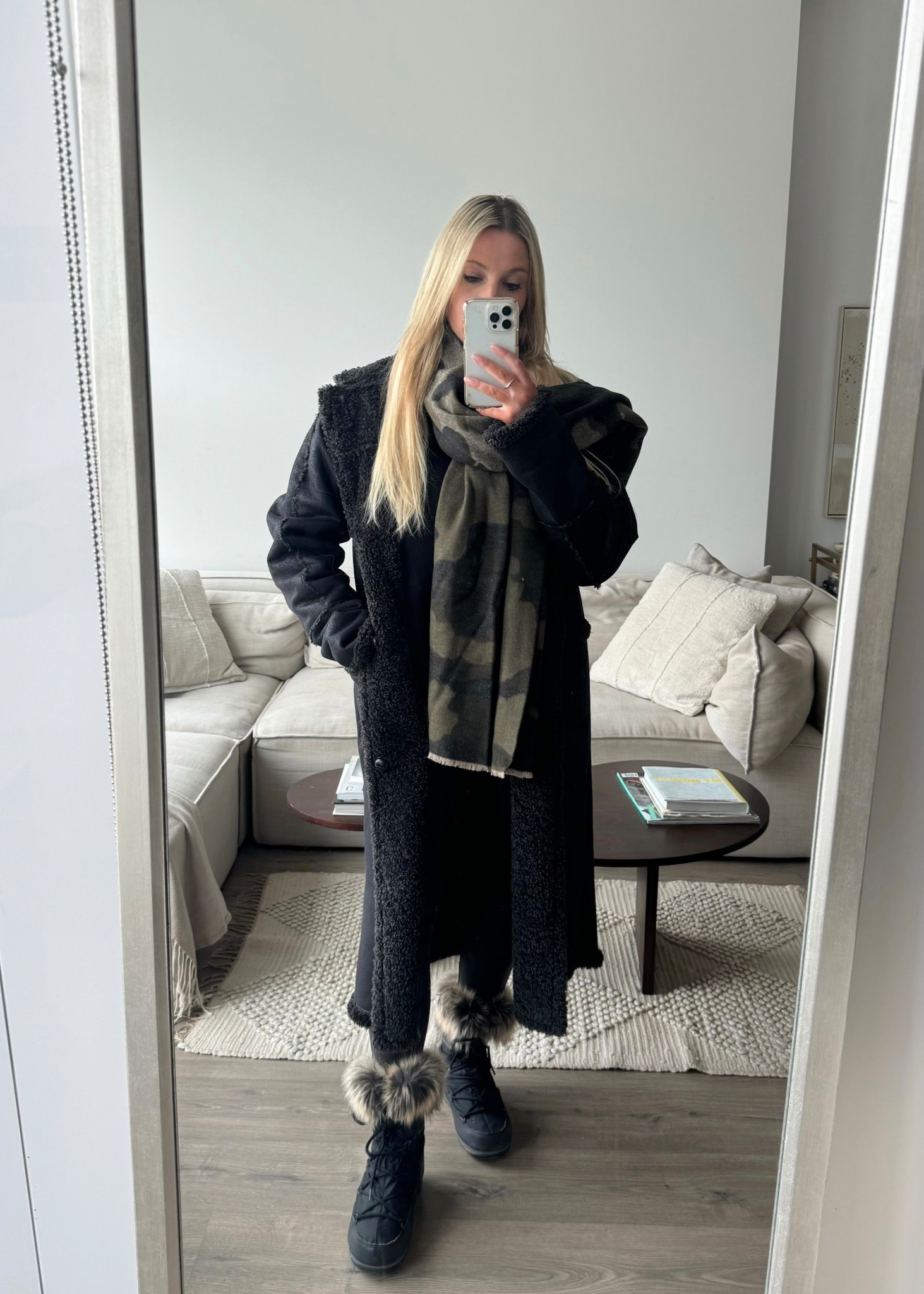 Winter outfit • coat from UO, cashmere scarf from Bloomingdale’s, + boots from moon boot are sold out. Adding similar items! 