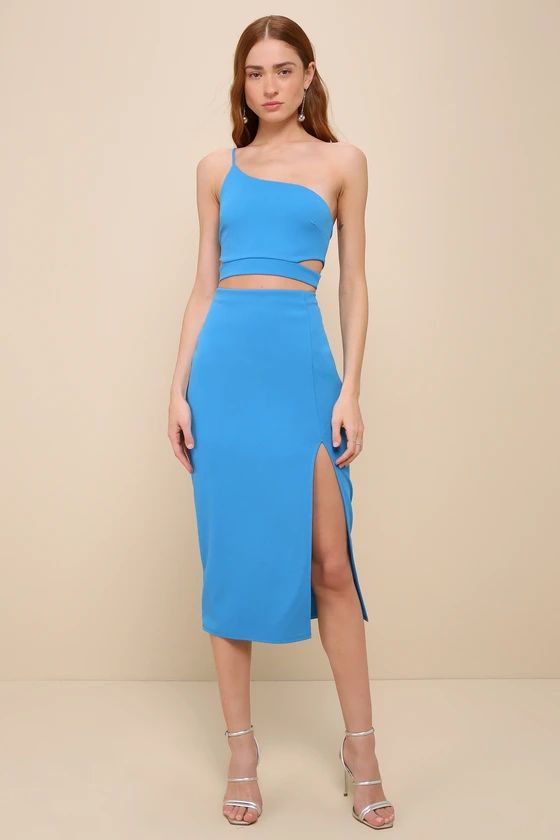Gorgeous Fate Bright Blue One-Shoulder Two-Piece Midi Dress | Lulus