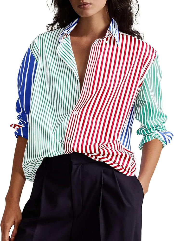 Cicy Bell Womens Color Block Striped Button Down Shirts Oversized Trendy Casual Blouses Long Slee... | Amazon (US)