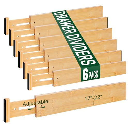Drawer Divider 6 PACK - Kitchen Drawer Organizer Adjustable (17"- 22") - Bamboo Kitchen Drawer Dividers Organizers, Drawer Dividers Perfect for Organizing Clothes, Utensils, Makeup, Bathroom Clutter | Amazon (US)