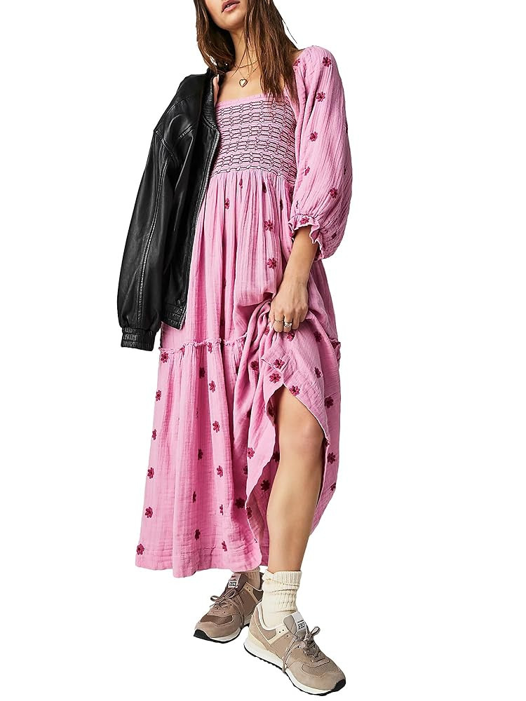 Acrawnni Women's Flower Embroidered Maxi Dress Long Puff Sleeve Square Neck Smocked Tiered Bohemi... | Amazon (UK)