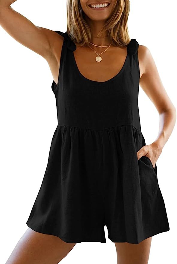 Hilomirics Women Summer Scoop Neck Sleeveless Loose Adjustable Jumpsuits Linen Shorts Rompers wit... | Amazon (US)