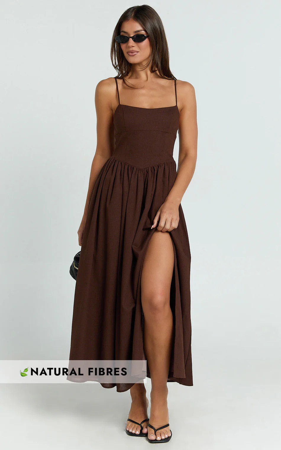 Morris Midi Dress - Linen Scoop Neck Gathered Dress in Chocolate | Showpo (US, UK & Europe)