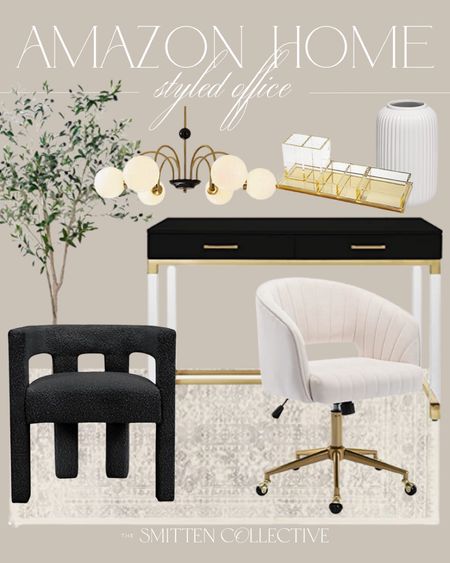 Amazon home office decor inspiration! 

modern back lucite desk, rolling upholstered desk chair, accent chair, light fixture, faux tree, desktop decor

#LTKstyletip #LTKhome #LTKunder50