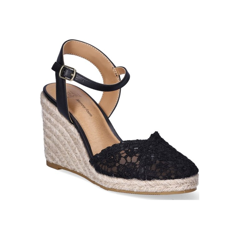 Time and Tru Women's Casual Eyelet Espadrille Wedges with Ankle Strap, Sizes 6-11 | Walmart (US)