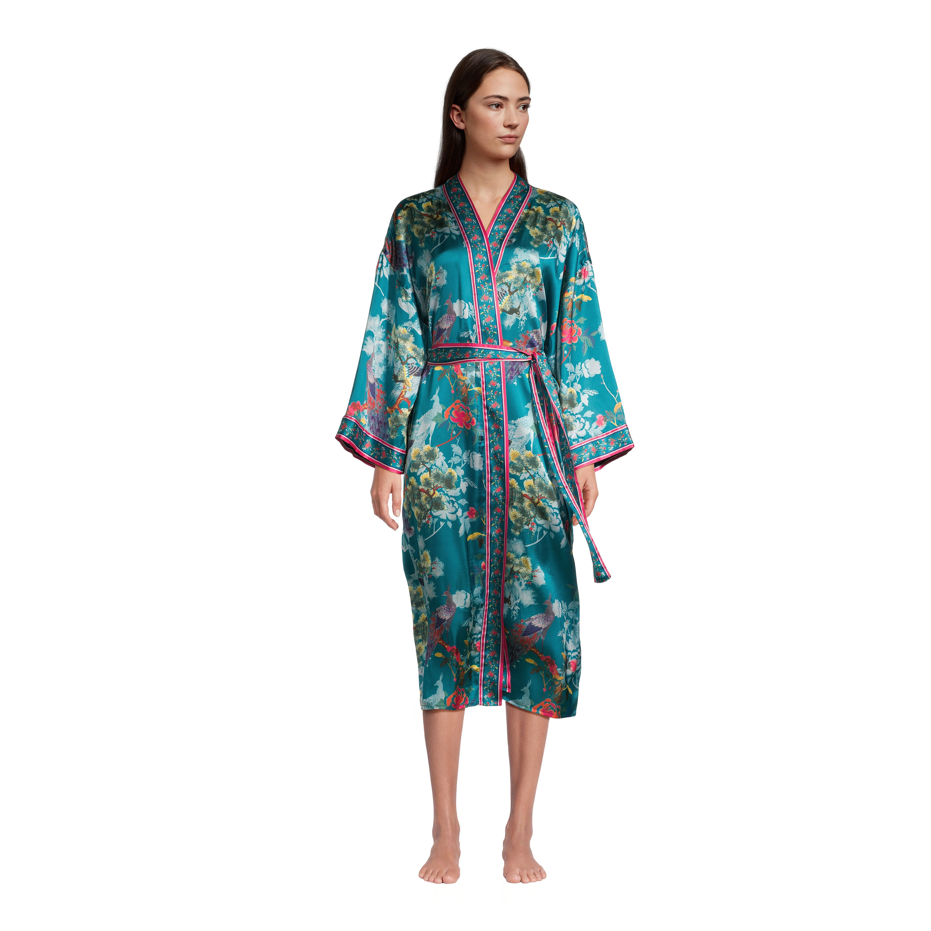 Miyake Teal Multicolor Bird and Botanical Robe | World Market