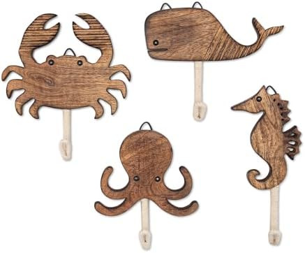 Crane Baby Sea Life Wooden Wall Hooks - Set of 4 Wooden Ocean Nursery Decor Towel Hooks | Amazon (US)