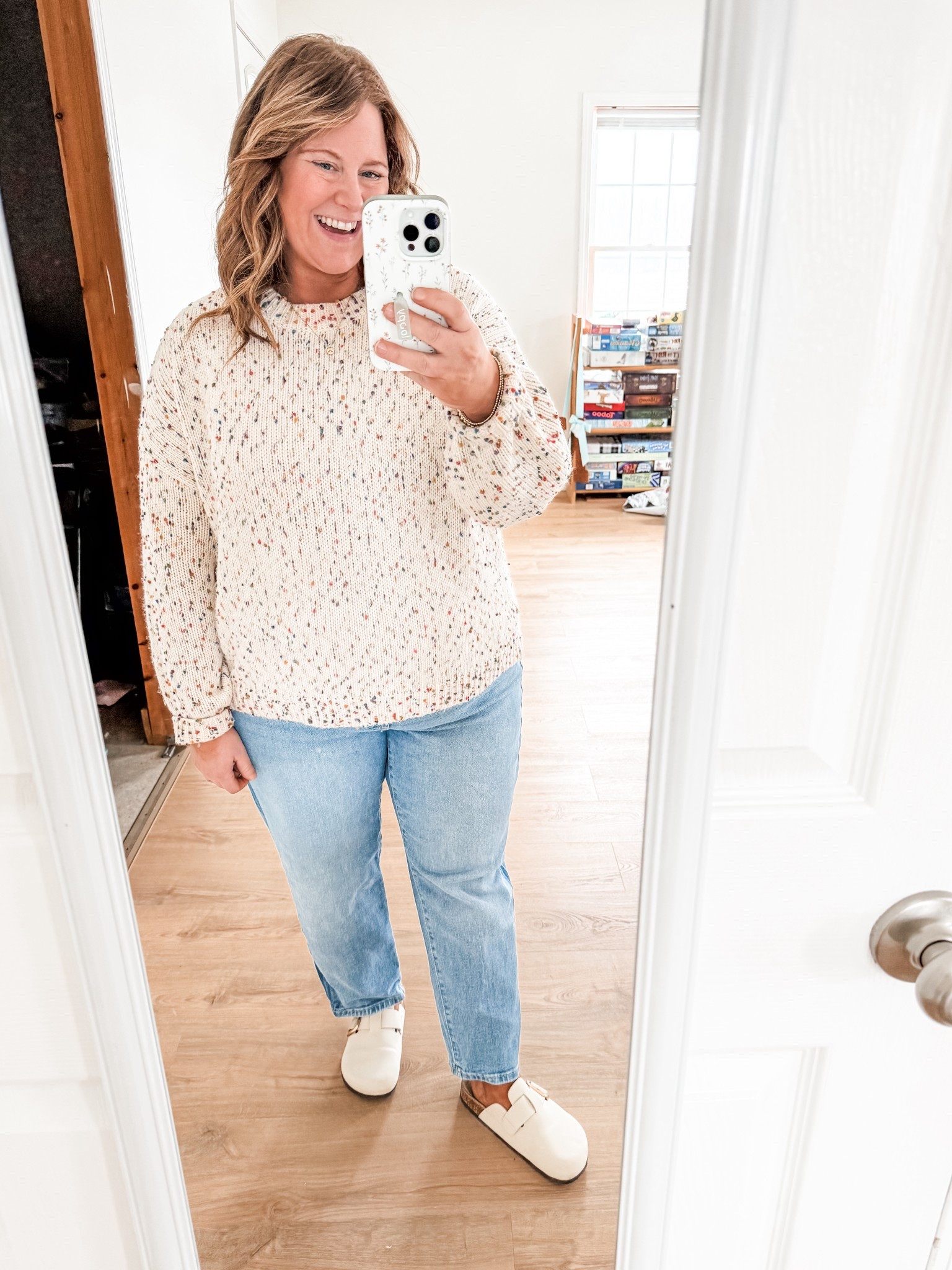 Wearing an XL in my sweater and a 14 maternity in the jeans.   I love the specks of color in this sweater! 

#LTKBump #LTKSeasonal #LTKMidsize