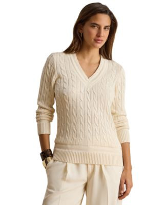 Lauren Ralph Lauren Women's Long-Sleeve V-Neck Cable Knit Sweater - Mascarpone Cream | Macy's
