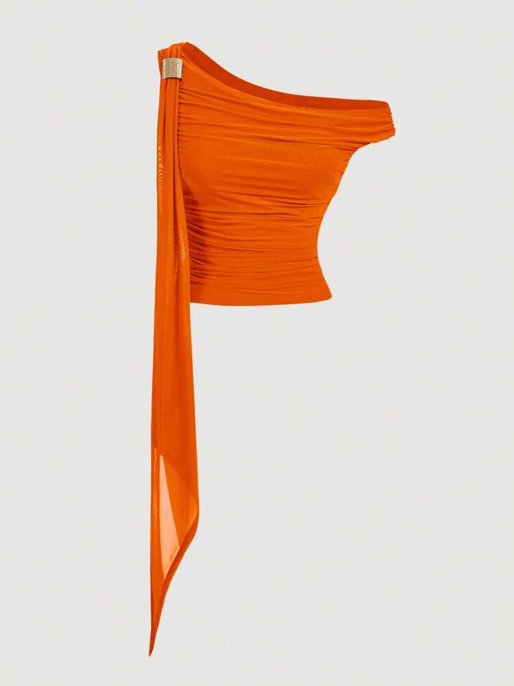 SHEIN MOD Asymmetric Retro Metallic Decor Ruffle 70s Vest In Orange, Western Style, Boho Off The Shoulder Top | SHEIN