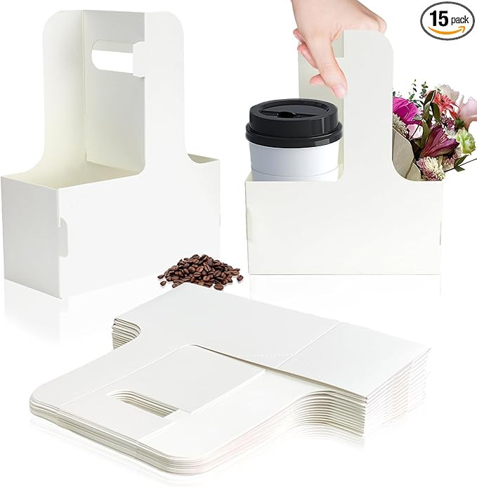 2 Cup Disposable Drink Carrier for Delivery with Handle,15 Count White Paperboard Cup Holder,Cup ... | Amazon (US)