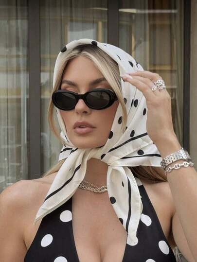 Pañuelo Para La Cabeza De Satén Con Estampado De Lunares Para Mujer, Similar A La Seda, Para Envolver El Cabello, Pañuelos, Chal Cuadrado | SHEIN