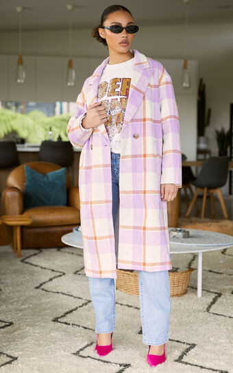 Mariam Coat - Double Breasted Coat in Purple Check | Showpo (US, UK & Europe)