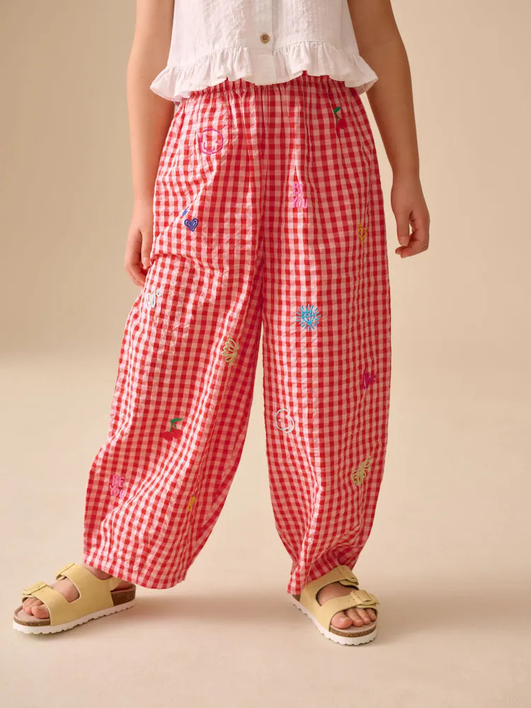 Gingham Pink Embroidered Pullon Barrel Trousers (3-16yrs) | Next US