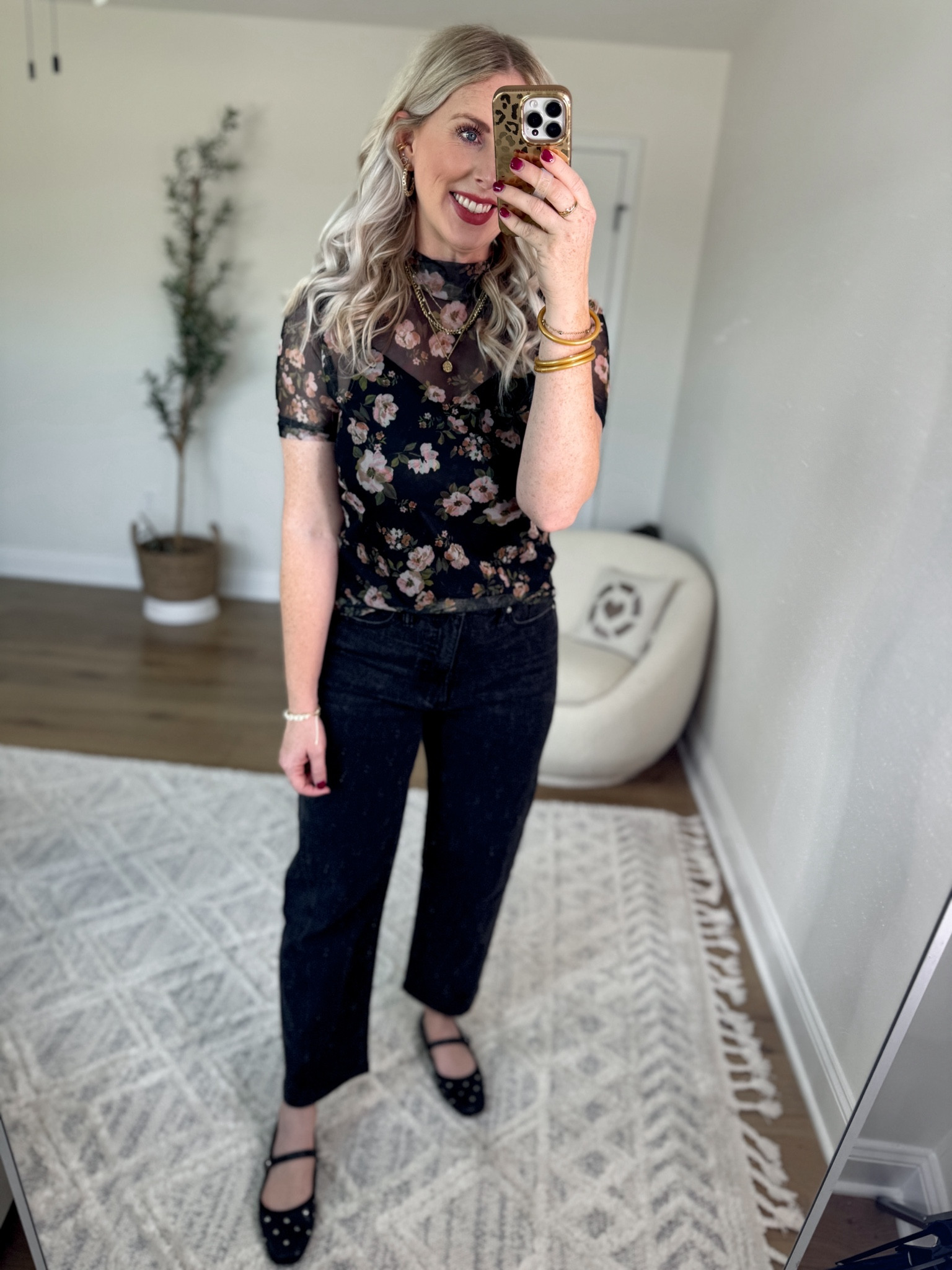Daily try on, Walmart outfit, Walmart fashion, Walmart try on, time and tru, fall floral print, mesh top, barrel jeans, black jeans, studded flats 

Wearing a medium top!

#LTKSeasonal #LTKStyleTip #LTKFindsUnder50