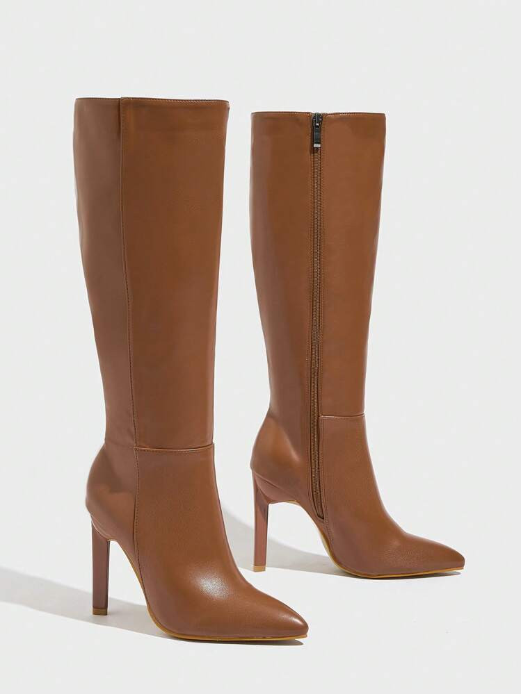 CUCCOO SZL Women's Sexy Leather PU Knee-High Boots, Classic Zipper Side Thick Heel Pointed Toe Boots For Autumn/For And Vibe And Spring Shoes Spring Break Easter | SHEIN