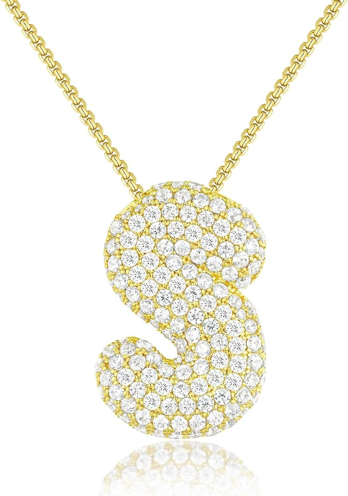 KissYan Bubble Letter Necklace, 14K Gold Plated Balloon Initial Pendant Box Chain, Trendy Amazon ... | Amazon (US)