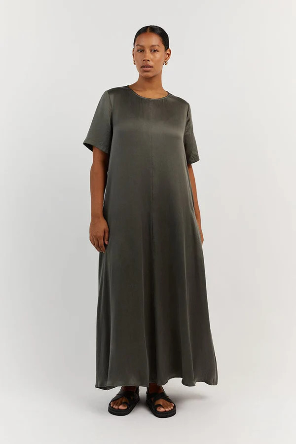LAYLA DARK OLIVE SILK SHORT SLEEVE DRESS | DISSH