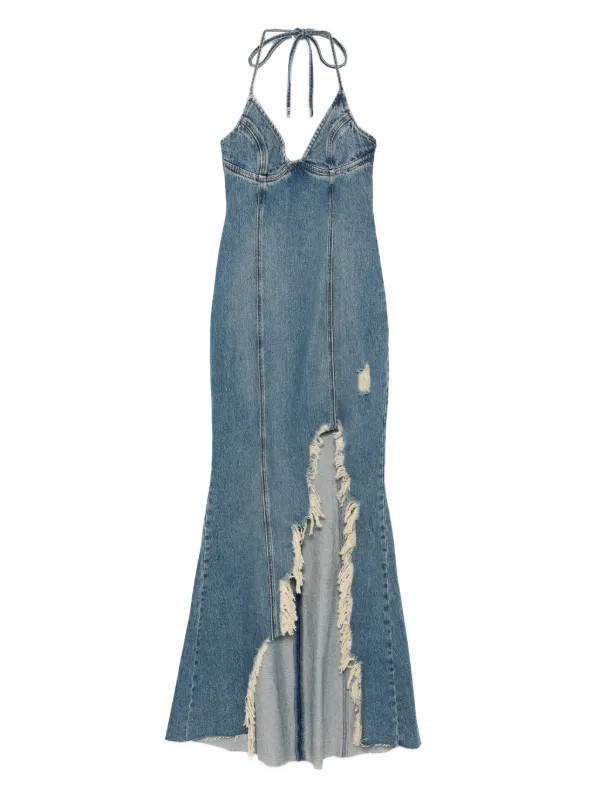halter-neck frayed-hem denim dress | Farfetch Global