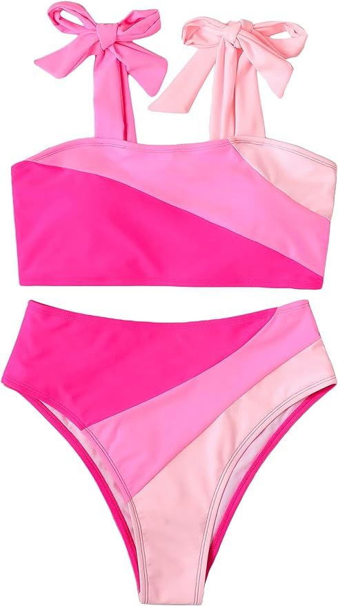 Floerns Women's Colorblock Tie Shoulder High Waist 2 Piece Bikini Swimsuit | Amazon (US)