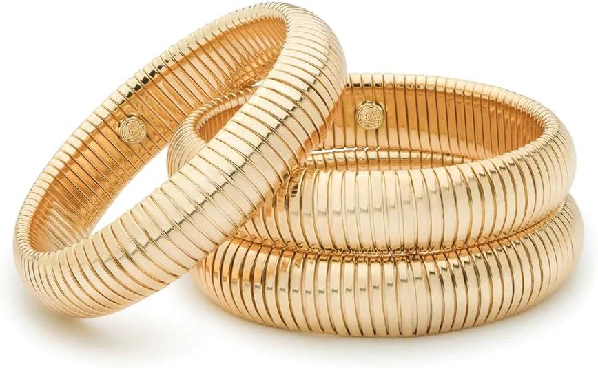 Ettika Gold Bangles For Women. Chunky Gold Bracelets, Set of Womens Bracelets. 3Pcs Flex Snake Ch... | Amazon (US)