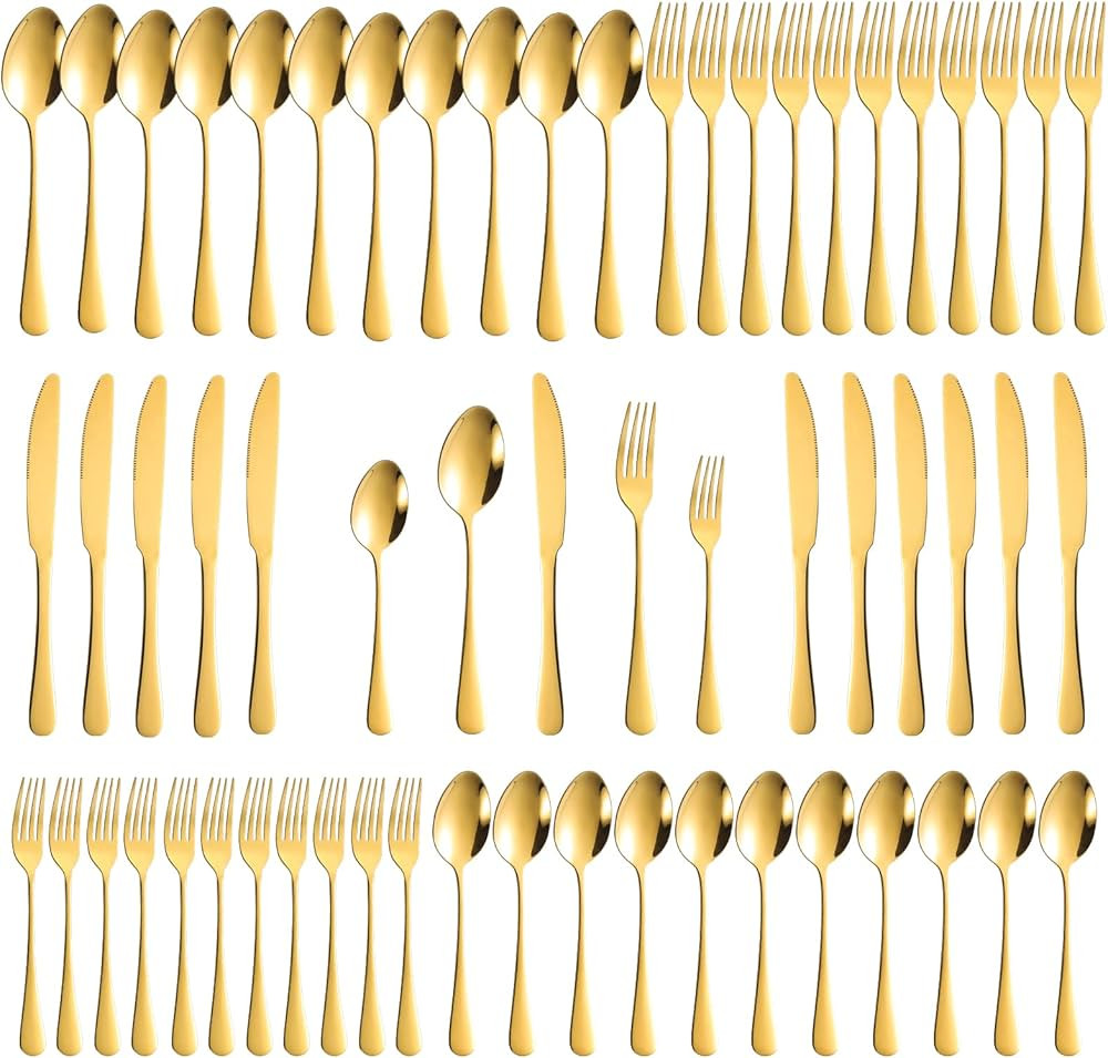 60-Piece Gold Silverware Set, Stainless Steel Flatware Cutlery Set Service for 12, Gold Utensils ... | Amazon (US)