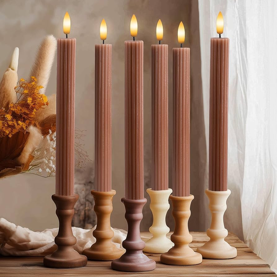 6 Pack, 10" LED Flameless Brown Tan Fluted Ribbed Grooved Taper Candles, Remote & 24h Timer Memor... | Amazon (US)