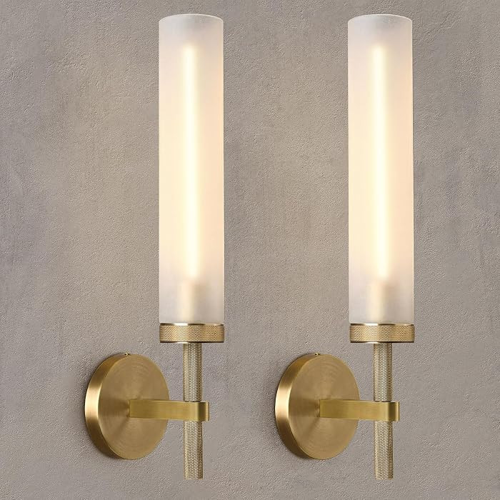 20'' Knurled Brass Bathroom Wall Sconces Set of 2,Premium Frosted Glass Tube Hardwired Vanity Lights, Modern Handmade Wall Lighting for Mirror, Bedroom, Hallway &Living Room,Staircases | Amazon (US)