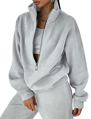 Flygo Womens Sweat Sets Fleece Sweatsuit 2 Piece Outfit Half Zip Sweatshirt Sweatpants Joggers Tracksuit Set(Grey-XXL) | Amazon (US)