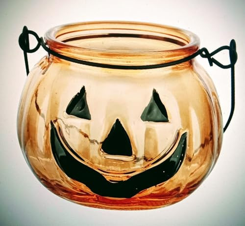 JF- Halloween Pumpkin Candle Holders (Set of 4) Tealight Votive Candle Holders with Grimace, Metal Hanging Pumpkin Lantern Decorative Halloween Table Centerpiece Orange or Clear (Orange) | Amazon (US)