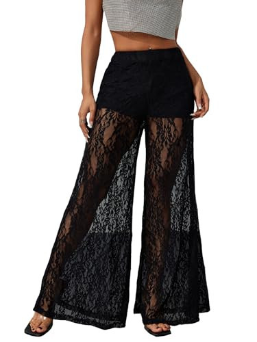 OYOANGLE Women's Lace Sheer Elastic Waist Wide Leg Pants See Through Long Trousers Party Clubwear Black X-Small | Amazon (US)