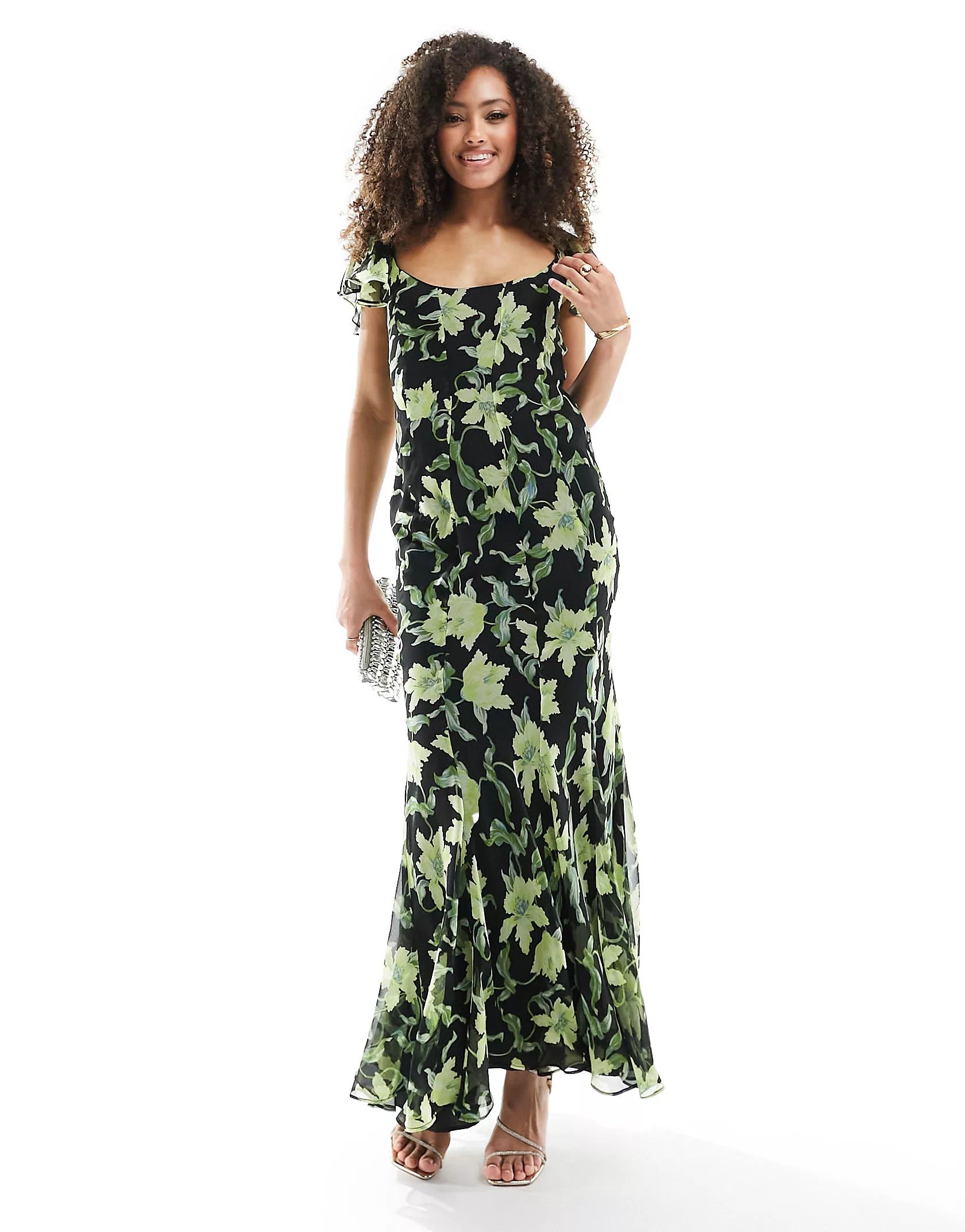 ASOS DESIGN flutter sleeve scoop neck bias maxi dress in black and green floral print | ASOS (Global)
