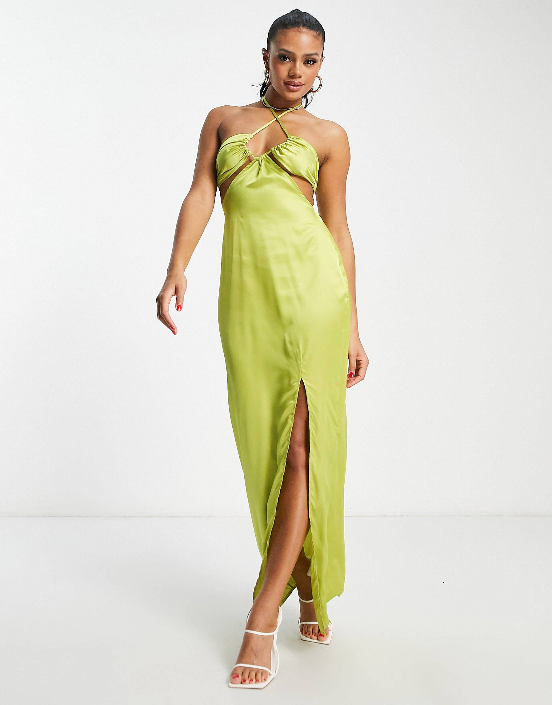 In The Style x Yasmin Devonport Exclusive satin cut-out ruched bust detail maxi dress in lime | ASOS (Global)