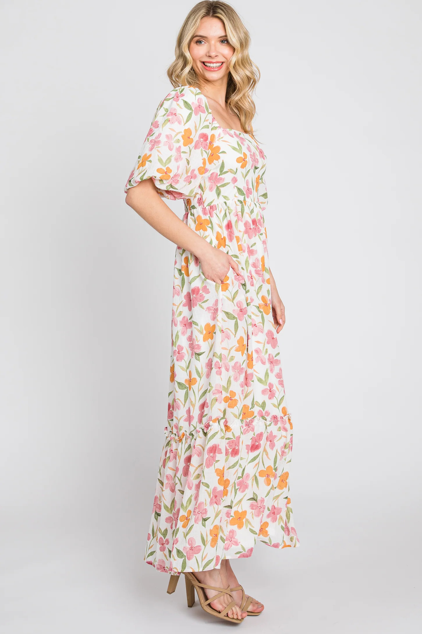White Floral Puff Sleeve Maxi Dress | PinkBlush Maternity