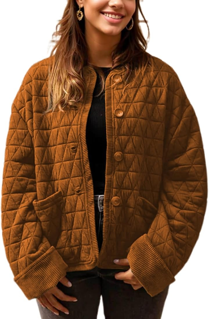 Quilted Jackets for Women Lightweight Button Down Long Sleeve Winter Padded Coat Puffer Jacket | Amazon (US)