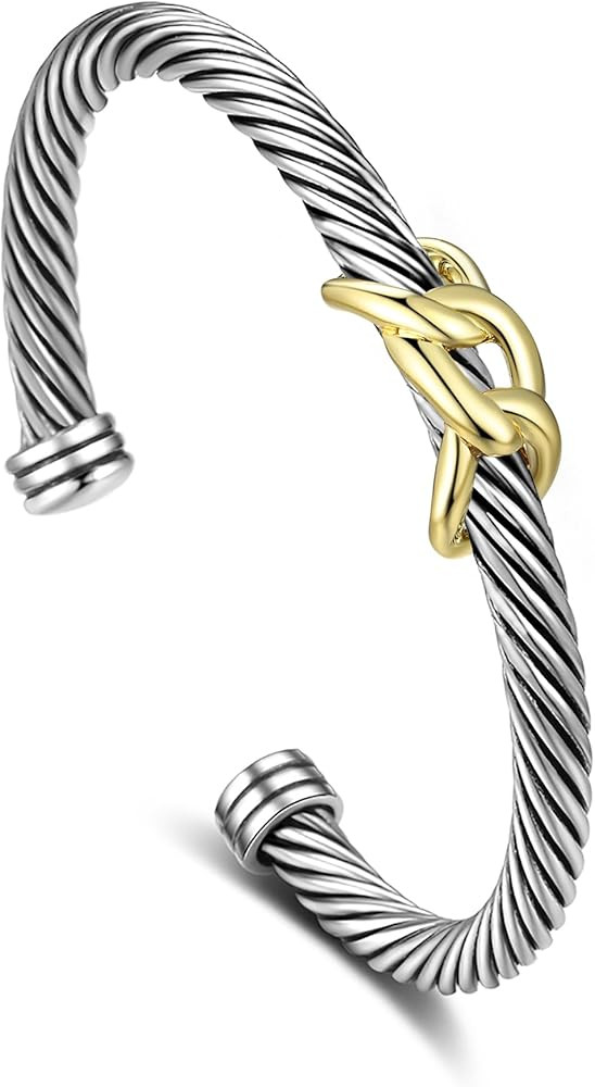 NANDUDU Cuff Bracelet for Women Cable Wire Bracelet - Stainless Steel Twisted Two Tone Bangle - S... | Amazon (US)
